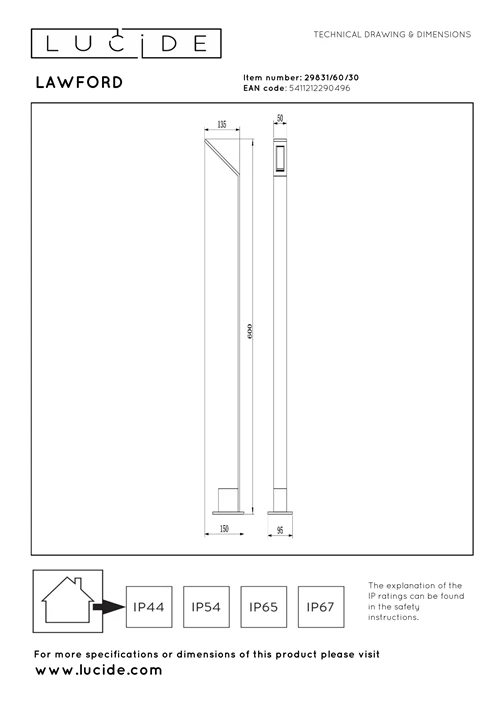 Lucide LAWFORD - Borne extérieur - LED - 1x6W 3000K - IP54 - Noir - technique